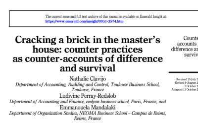 Clavijo N., Perray-Redslob L., Mandalaki E. (2023). “Cracking a brick in the master’s house: counter practices as counter-accounts of difference and survival”, Accounting, Auditing & Accountability Journal, DOI 10.1108/AAAJ-07-2022-5936